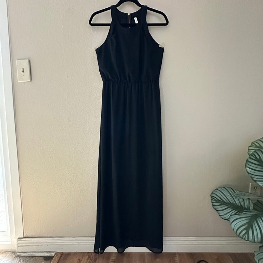 Xhiliration Maxi Sleeveless Black Halter Neck Dress w/ Slits on Both Sides